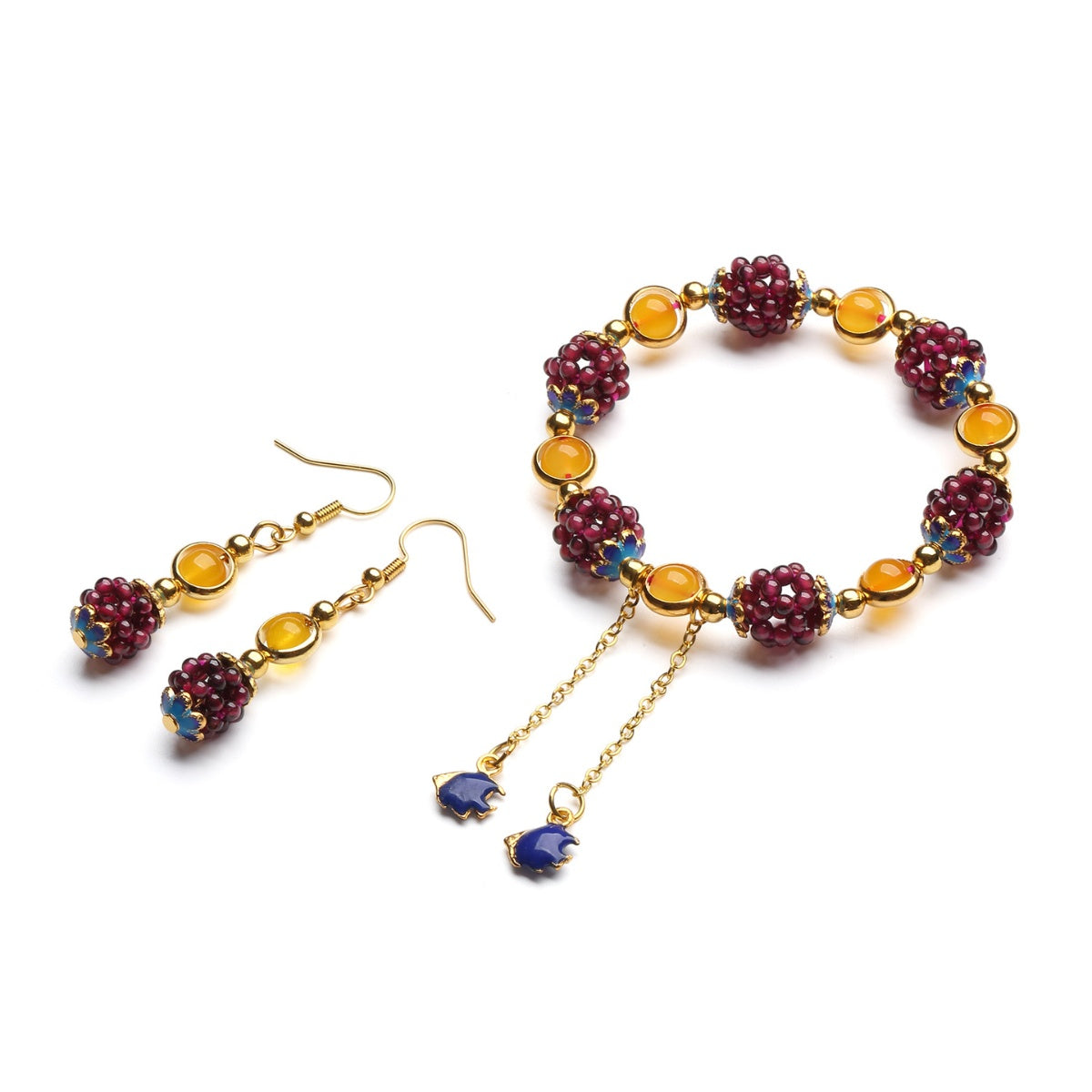 Natural Garnet Chalcedony Bracelet & Earrings Set - Passion, Joy, Beauty