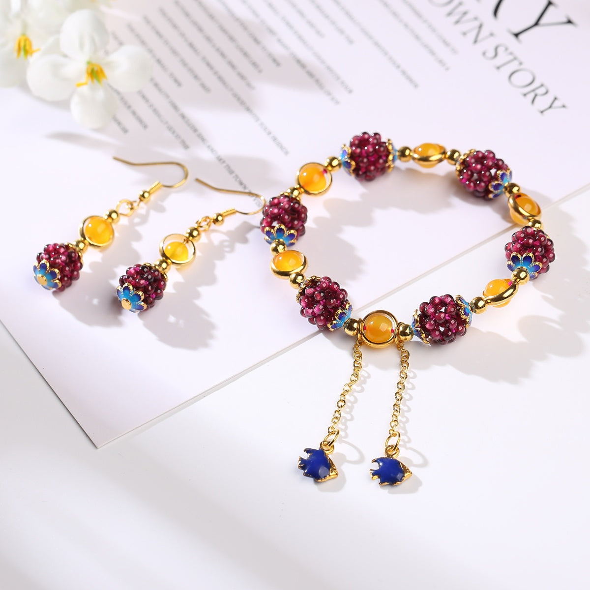 Natural Garnet Chalcedony Bracelet & Earrings Set - Passion, Joy, Beauty