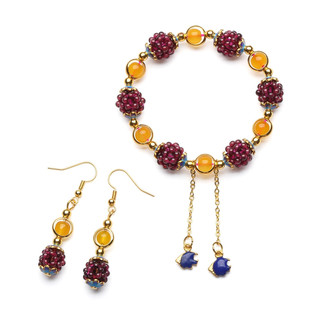 Natural Garnet Chalcedony Bracelet & Earrings Set - Passion, Joy, Beauty